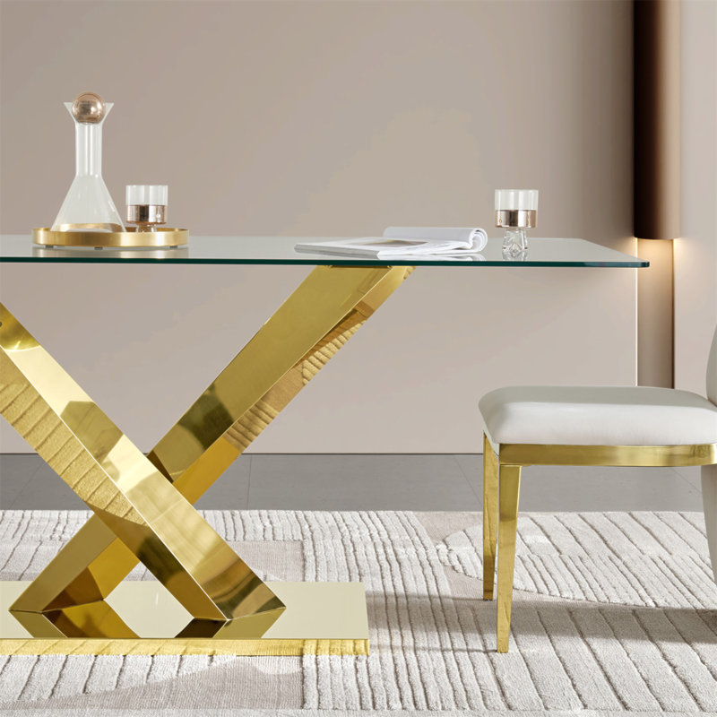Table de salle à manger en acier inoxydable avec plateau en verre trempé transparent de 70,08 pouces