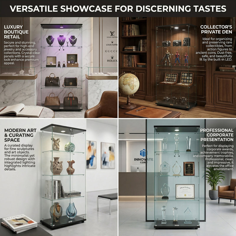4-Tier Double Door Glass Display Cabinet,  Large Floor Standing Curio Cabinet with Toughened Glass, Optional LED Lighting, Black / White