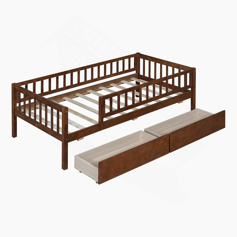 Kallel Daybed with Two Drawers and Guardrails, Twin, Walnut