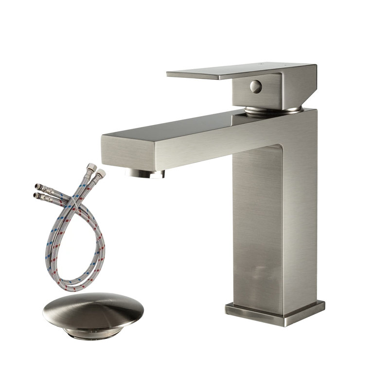 Robinet pour salle de bain à poignée simple avec drain, Nickel brossé