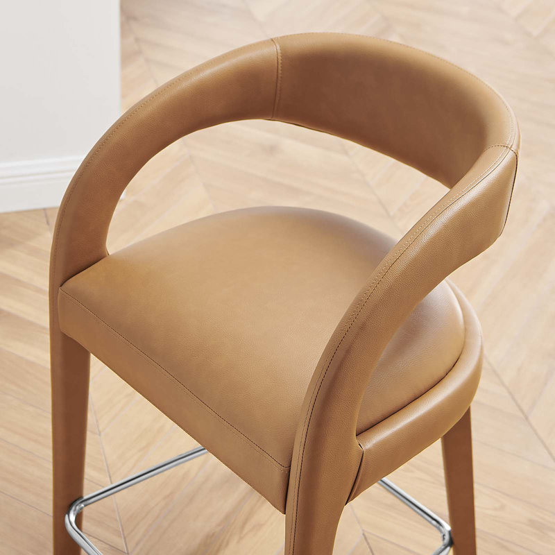 Tan Vegan Leather and Wood Counter Stool Set with Metal Footrest