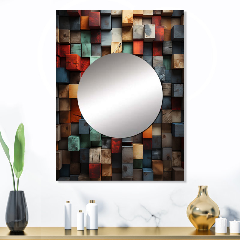 Bleu et rouge abstrait cubes II - miroir mural décoratif cubique, miroir moderne, impression sur métal, 32 po x 24 po