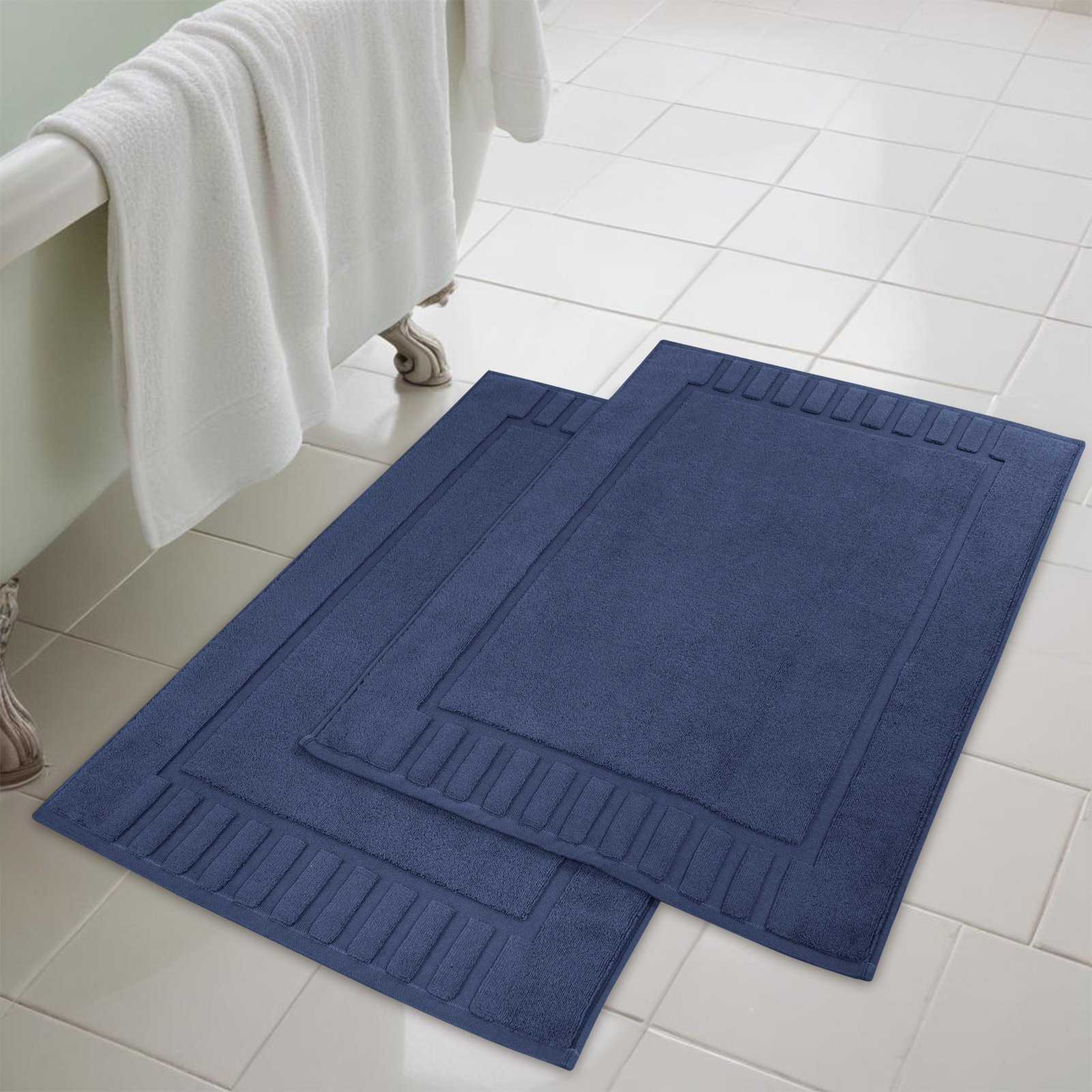 Pardue Cotton Bath Mat, Navy Blue, Geometric