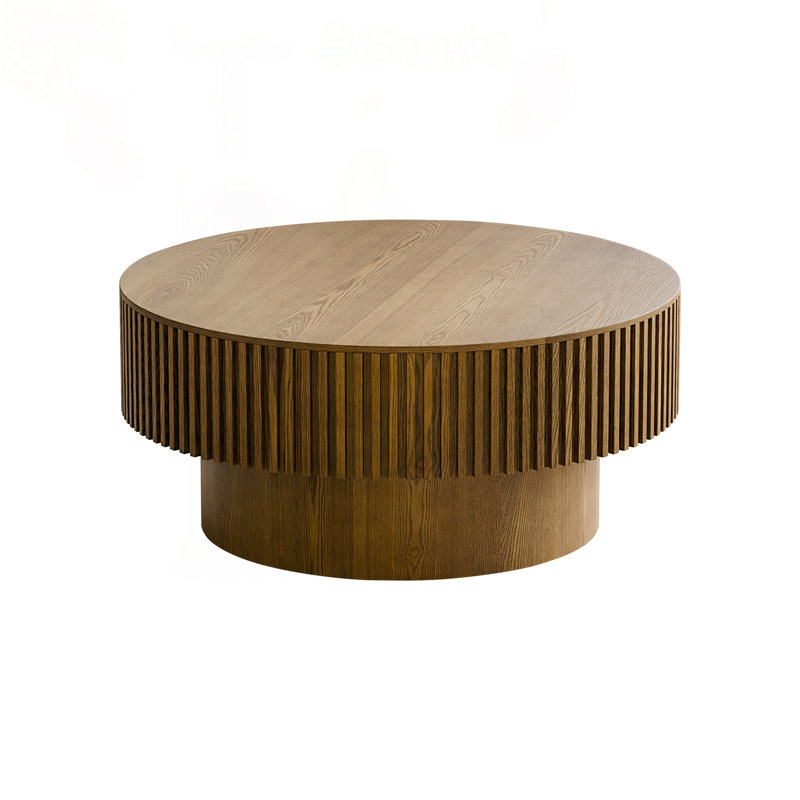 Table basse ronde avec rangement caché et conception de champignon cannelé en brun, H 14 po x l 31,5 po x P 31,5 po, Brun