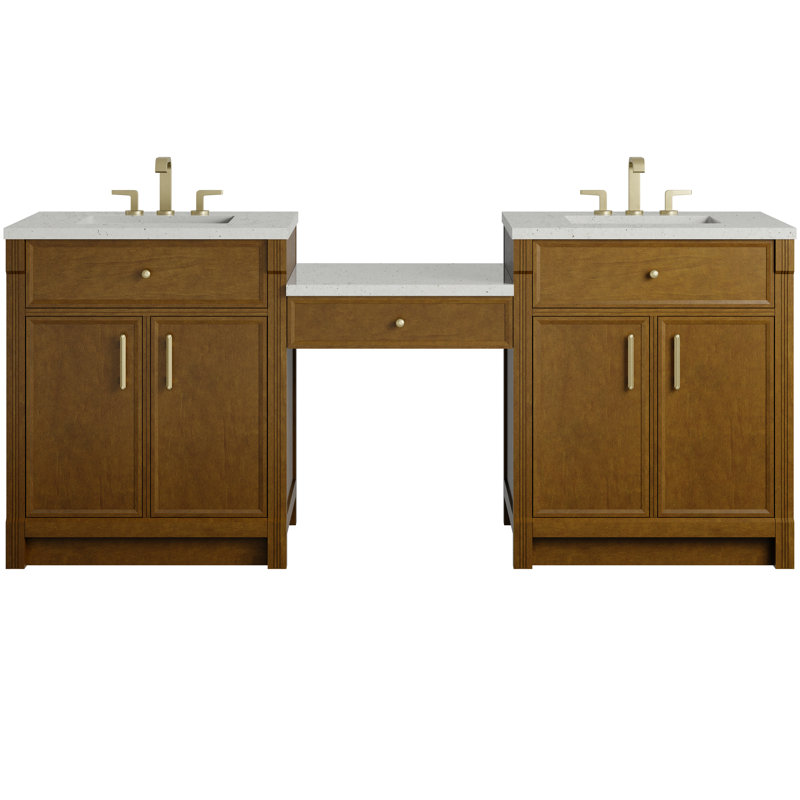 Bellshire 84" W Dual Vanity Set with 24" Make-Up Counter, 8" Widespread, Lime Delight, Honey Oak