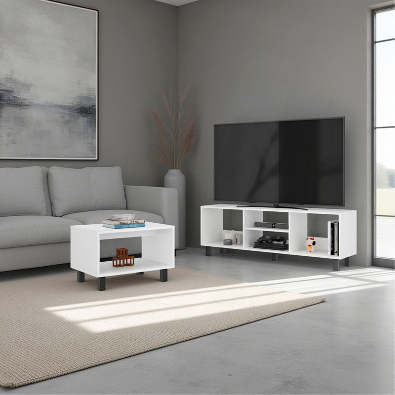 Ensemble de salon 2 pièces Carter, simplifié avec meuble télé et table basse, blanc Carter
