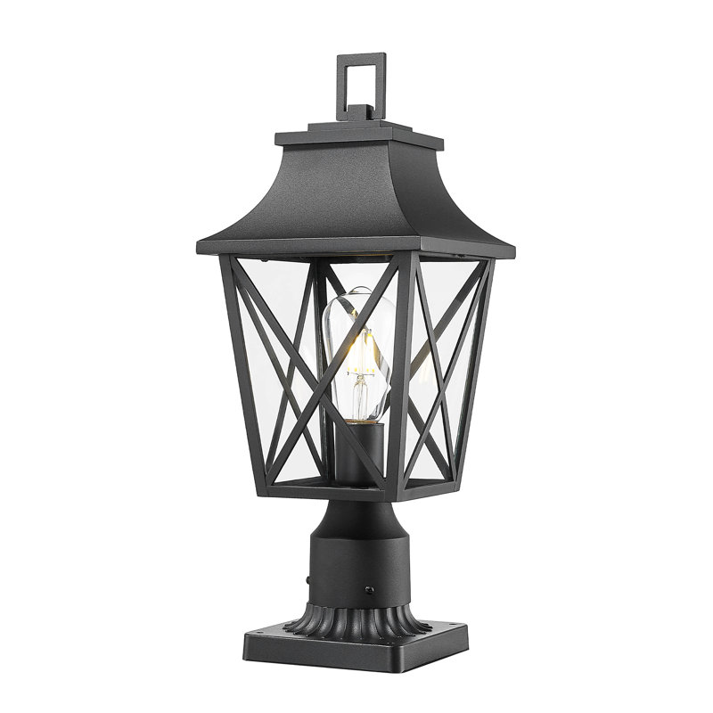 Lampadaire d'extérieur noir avec base de pilier, lanterne câblée avec verre pour jardin, cour, patio et chemin - paquet de 1