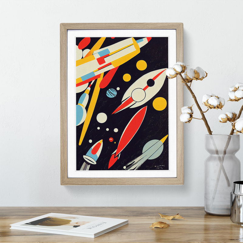 Abstract Spaceship Rocket No.3 - Single Picture Frame Painting, Oak Framed, 34cm H x 25cm W x 2cm D