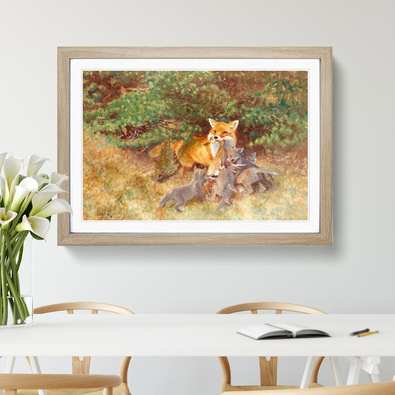 Fox and Cubs by Bruno Liljefors - Picture Frame Painting, 27cm H x 36cm W x 2cm D, Oak Framed