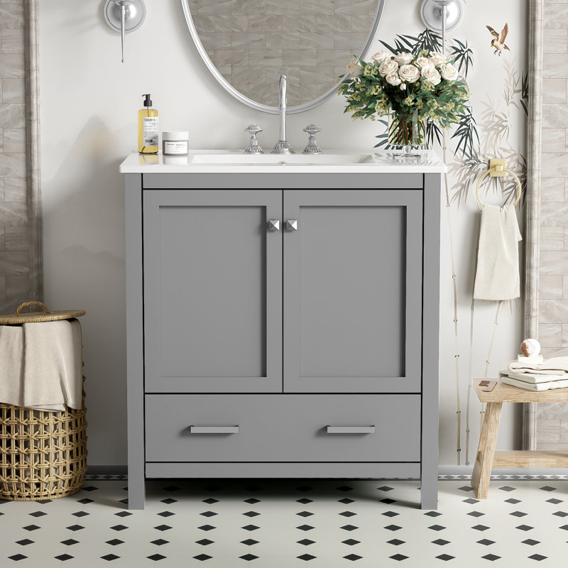 Meuble-lavabo de 30 pouces avec portes à fermeture douce et rangement multifonctionnel, Gris/argent