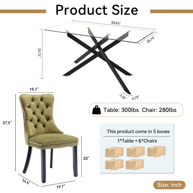 7 Piece Glass Dining Table Set for 6, Modern 60" Glass Kitchen Table with Metal Leg, Tufted Velvet Upholstered Dining Chair, Rectangle Dining Table and Chairs Set for Kitchen