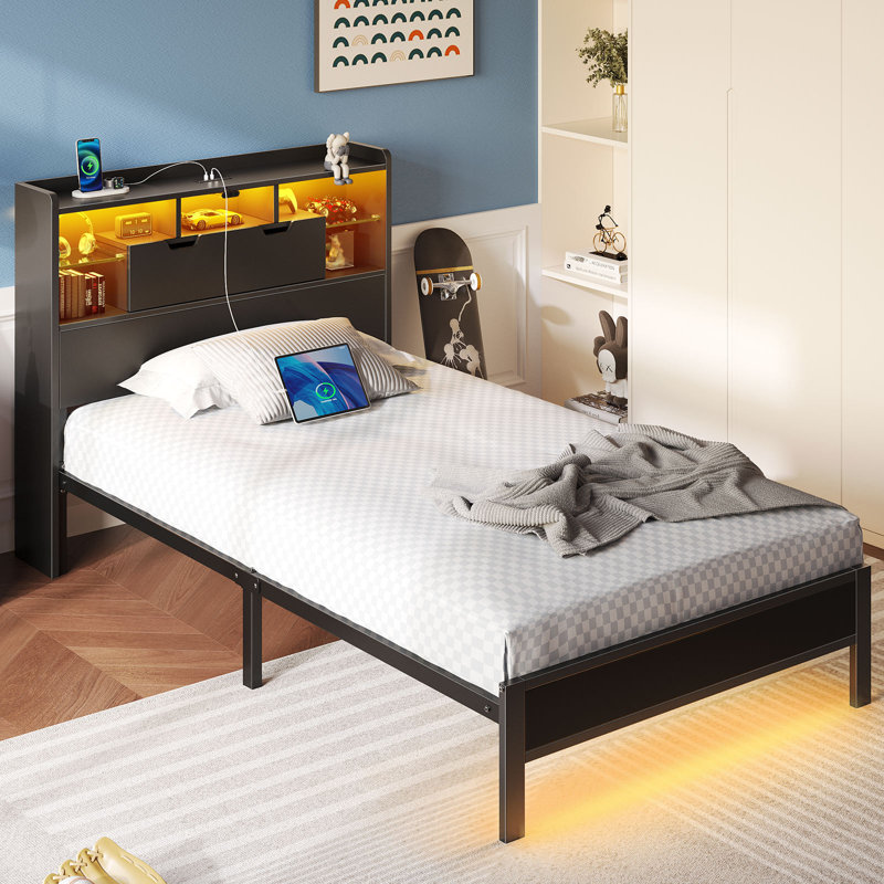 Zohreh Metal Bookcase Storage Bed with RGB LED Lights and Charging Station, Twin/Single