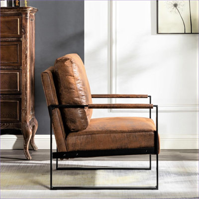 Mid Century Modern Accent Chair for Adults, Tan Brown Spotted Microfiber, Durable Square Metal Frame Armchair for Living Room, Bedroom, Home Office
