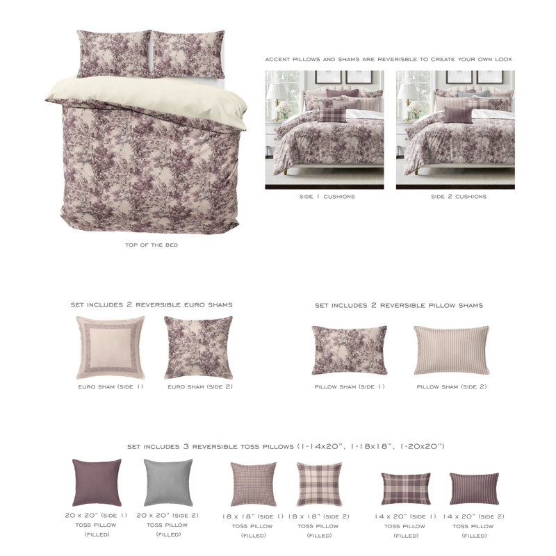 Dolce  Wisteria Cotton Duvet Cover Set  8 Piece, California King Duvet Cover + 7 Additional Pieces