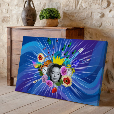 Reproduction d'art sur toile, "Collage dynamique et fantaisiste" avec une figure centrale avec une expression sereine