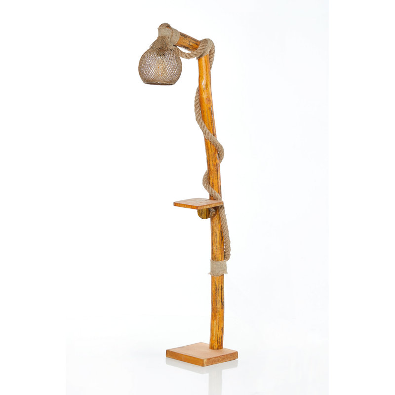 Lampe sur pied rustique, corps en bois fait à la main avec capuchon en jute, hauteur 55,1 pouces | Câble réglable, tablette 15,7 po x 15,7 po | Douille E27 (40 W maximum) | Couleur naturelle, parfaite pour le décor champêtre et rustique