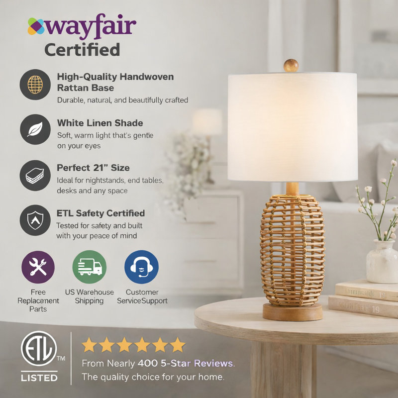 Arcola 21" Wicker Rattan Table Lamp with Knob Switch and White Linen Shade