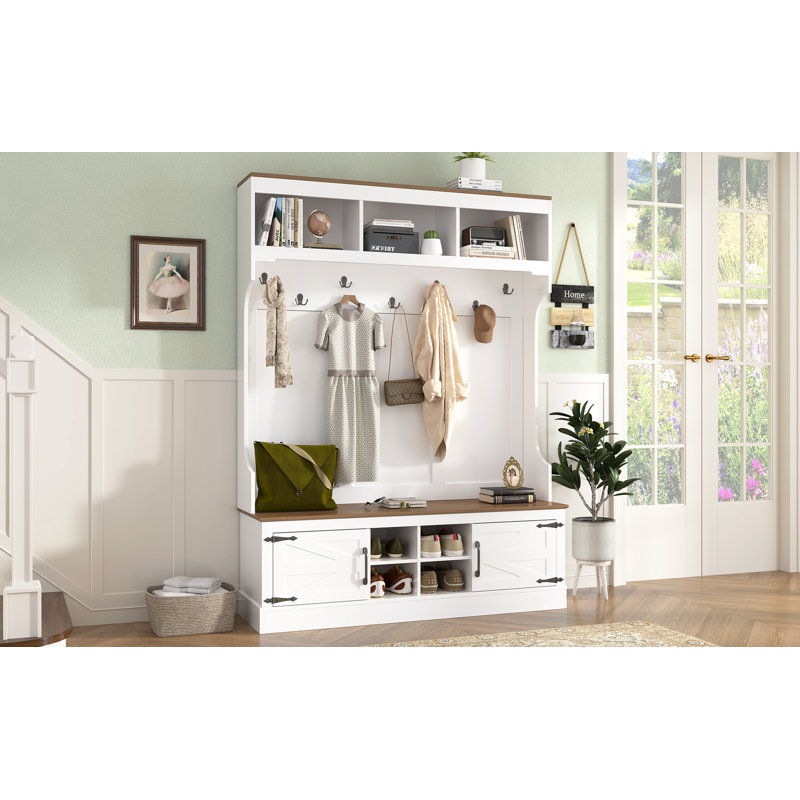 Arbre d'entrée avec banc et rangement pour chaussures H 71 po, armoire de rangement 5-en-1 moderne avec porte-manteau, 4 casiers à chaussures et 7 crochets