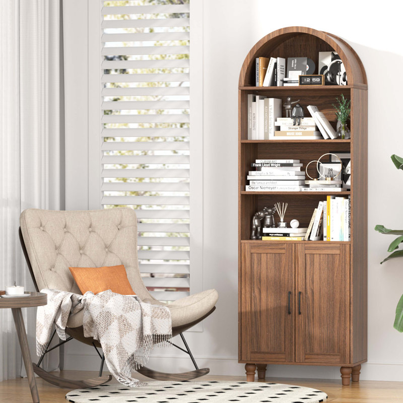 Arched Bookshelf With Storage, 6-Tier Cabinet Bookcase With Doors And Open Display Shelves, Walnut
