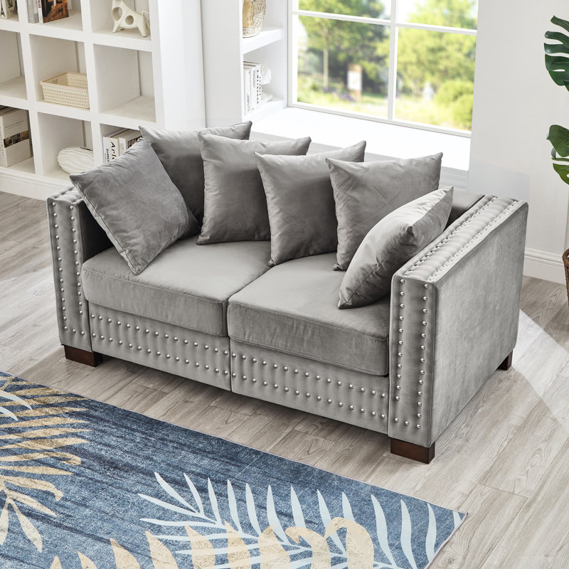 Velours rembourré gris à 2 places de style moderne avec embellissement carré et argent, construction en bois massif, housse de coussin amovible lavable