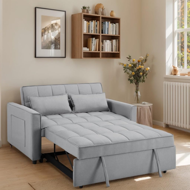 Omorfo 53.2'' Upholstered Convertible Sleeper Sofa, Gray Polyester Linen