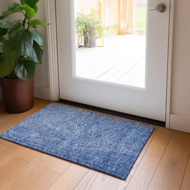 Navy Rectangular Flat Woven Synthetic Rug, 20x30 inches