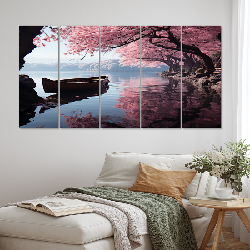 «Japon Art Cherry Blossom Pink Lake», impression sur toile tendue 5 pièces