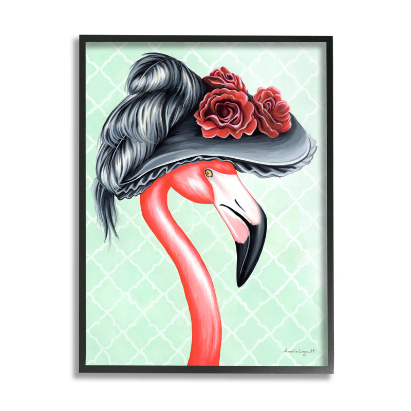 «Chic Flamingo Vintage», chapeau à motif floral noir, estampe numérique texturée par Amelie Legault, L 24 po x H 30 po