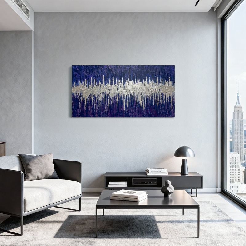 Abstrait abstrait motif de vagues bleues et argentées, H 16 po x l 32 po