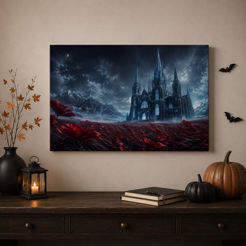 Cathédrale gothique dans un champ de coquelicots rouges avec toile murale d'Halloween enneigée, H 28 po x l 40 po