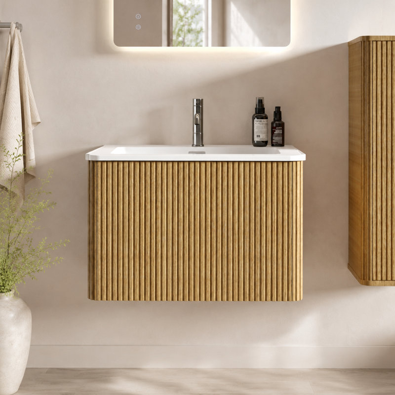 Meuble-lavabo suspendu de 61 cm avec lavabo en surface solide blanche, armoire de salle de bain murale en chêne naturel rayé, meuble-lavabo moderne préassemblé