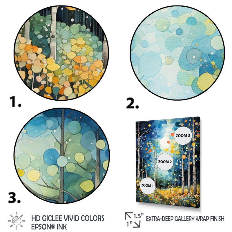 «Forest Silent Symphony Pointillism II», impressions murales florales, Cadre flottant doré, H 44 po x l 34 po x P 1,5 po