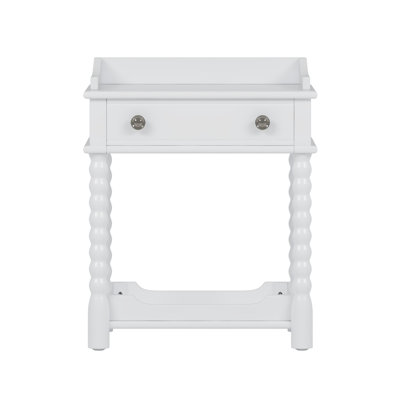 Retro Style Nightstand With Drawer And Open Shelf For Bedroom, Bedside Table With Turned Legs And Metal Handle,White