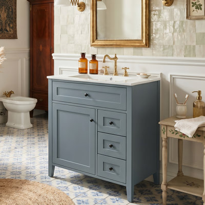 Meuble-lavabo de salle de bain moderne 30 po avec lavabo en céramique, armoire en bois d'hévéa et panneau de fibres à densité moyenne avec tiroir basculant (noir / blanc / gris / vert)