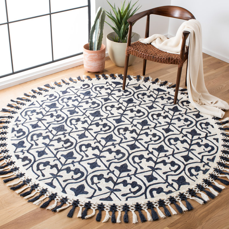Tapis bleu marine / ivoire touffeté à la main Ezmerelda, Rond 6 pi