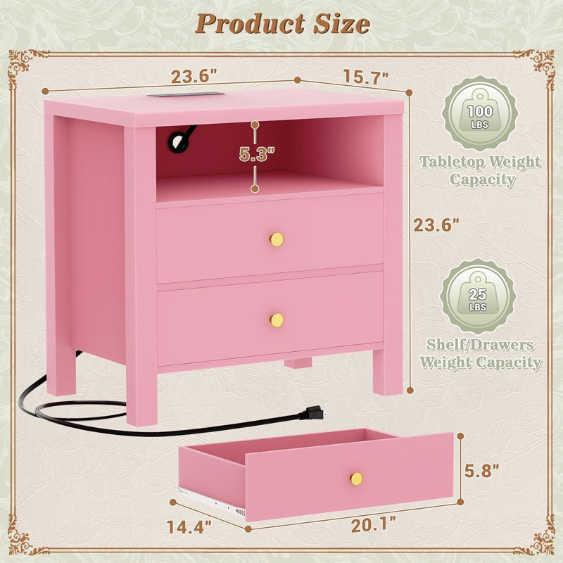 Table de chevet 23,6 po avec station de charge, ensemble de 2, Rose