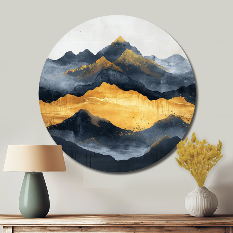 Mountain Mirage en noir et or - grand art mural rond en métal abstrait, L 29 po x H 29 po