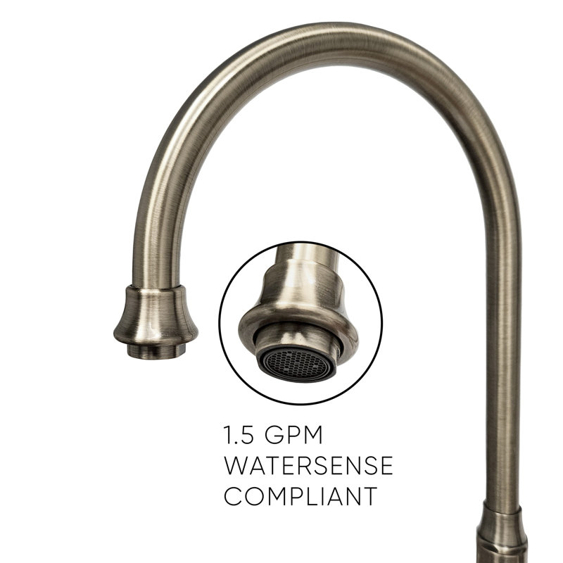Whitehaus Collection Bridge Faucet with Long Gooseneck Swivel Spout, Lever Handles and Solid Brass Side Spray, Brushed Nickel