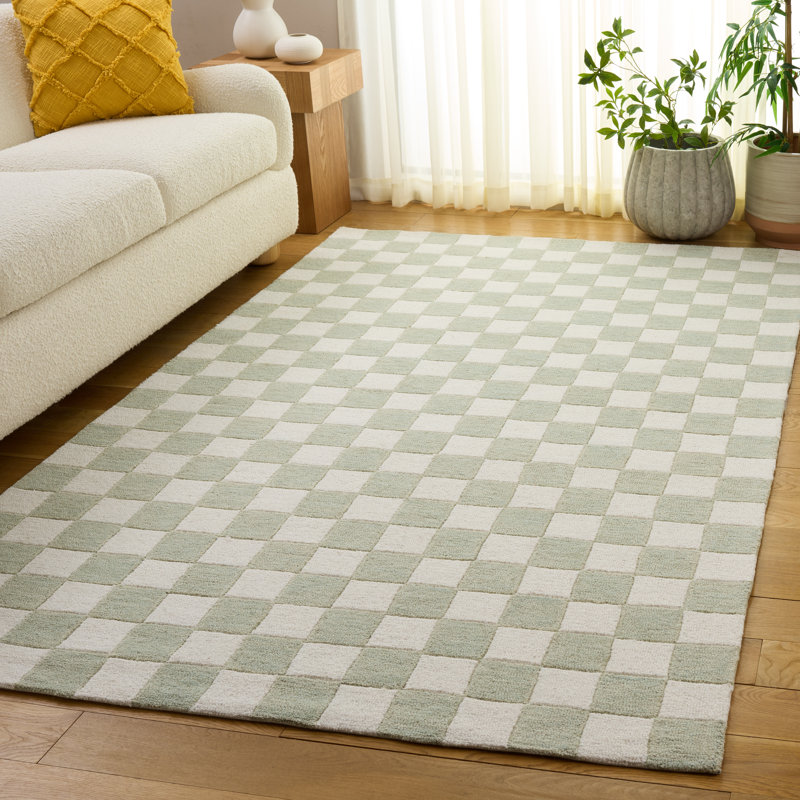 Jevale Ebony Hand Tufted Wool/Cotton Geometric Rug in Light Sage/Ivory, Rectangle 5' x 8'