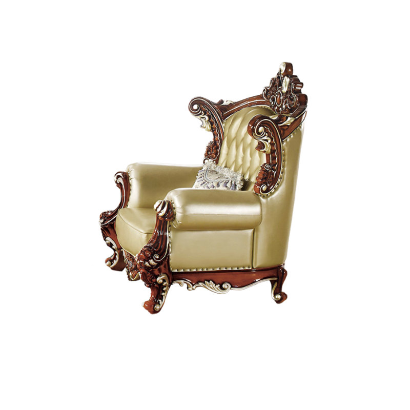 Fauteuil de luxe en bois massif de style européen avec fauteuil capitonné en cuir de vache de 50,39 po de largeur