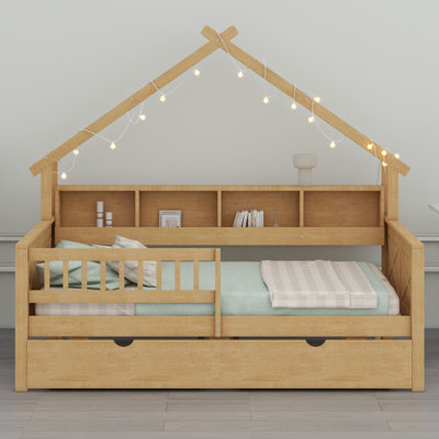 Lits plateforme en bois avec DEL, tablettes de rangement, tiroirs et garde-corps