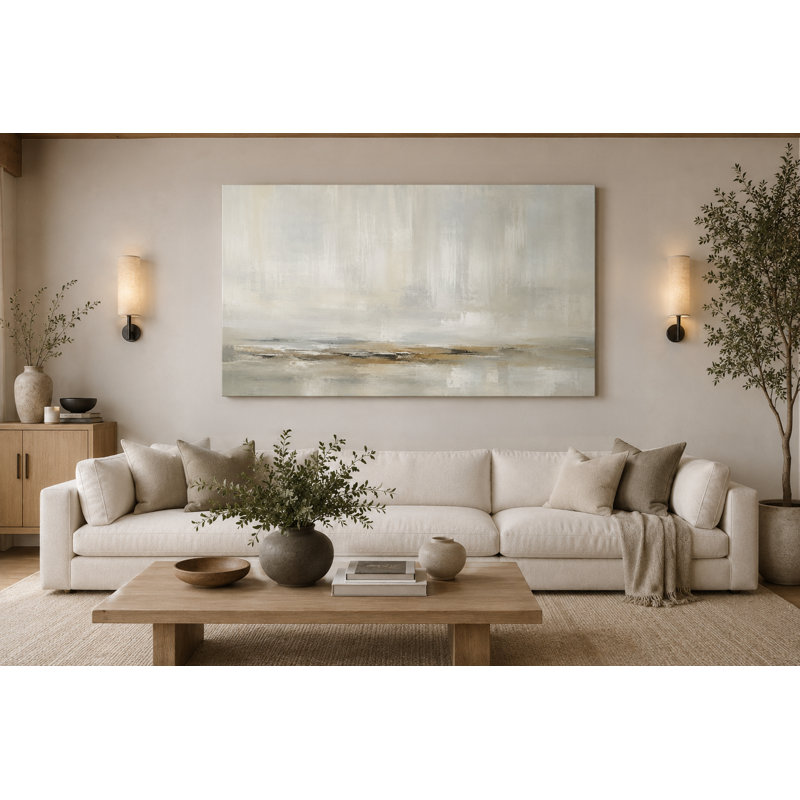 «Warm Neutral Abstract Landscape», art mural, toile d'horizon réfléchissante gris beige, toile tendue décorative