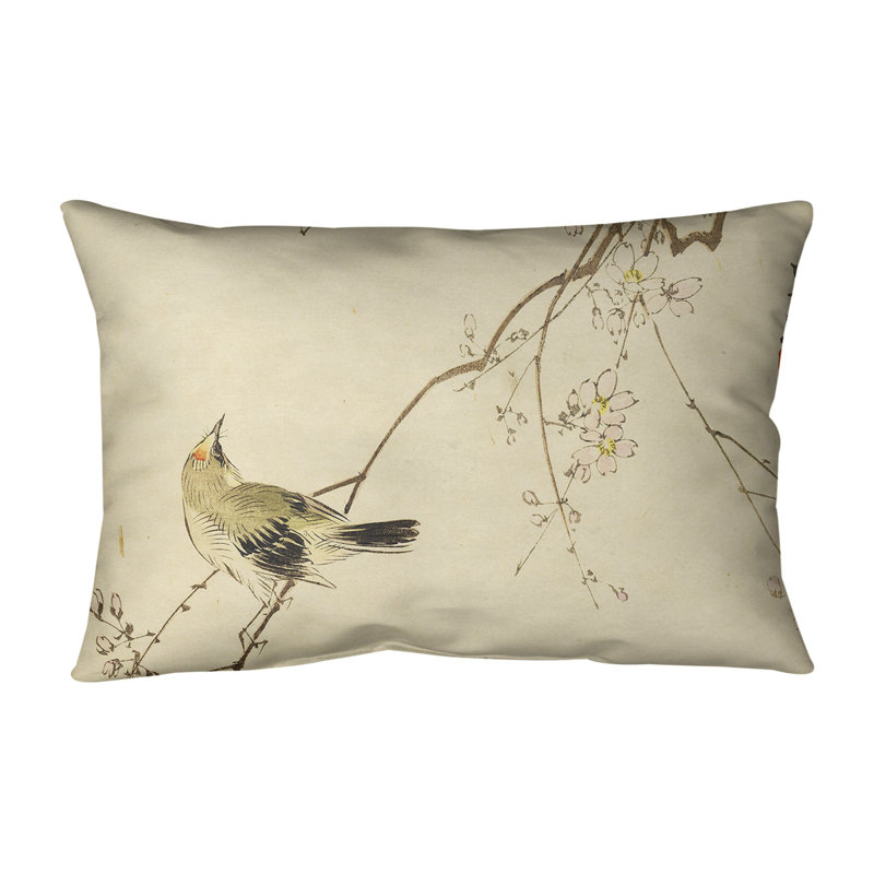 Coussin lombaire en aquarelle d’oiseau japonais et de fleurs, 14 po x 10 po, Jaune, Duvet synthétique