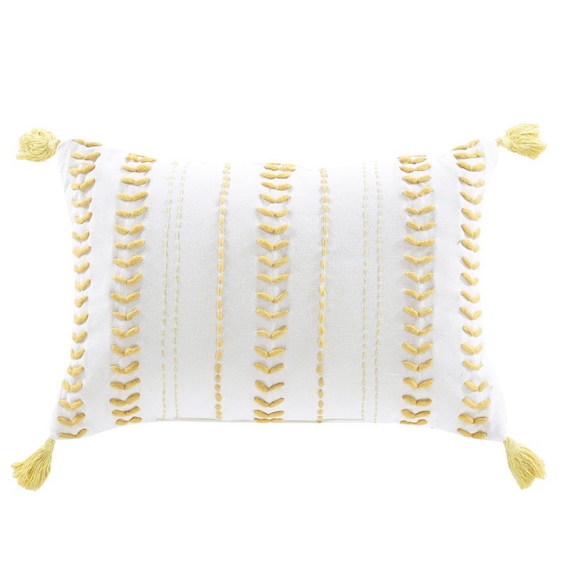 Mustard Yellow and Off-White Cotton Lumbar Pillow with Tassels