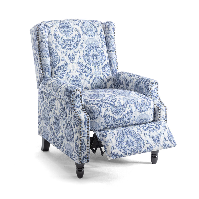 Ameiah 74 cm W Upholstered Wing Back Manual Push Back Recliner with Naihead Trims, Navy Polyester