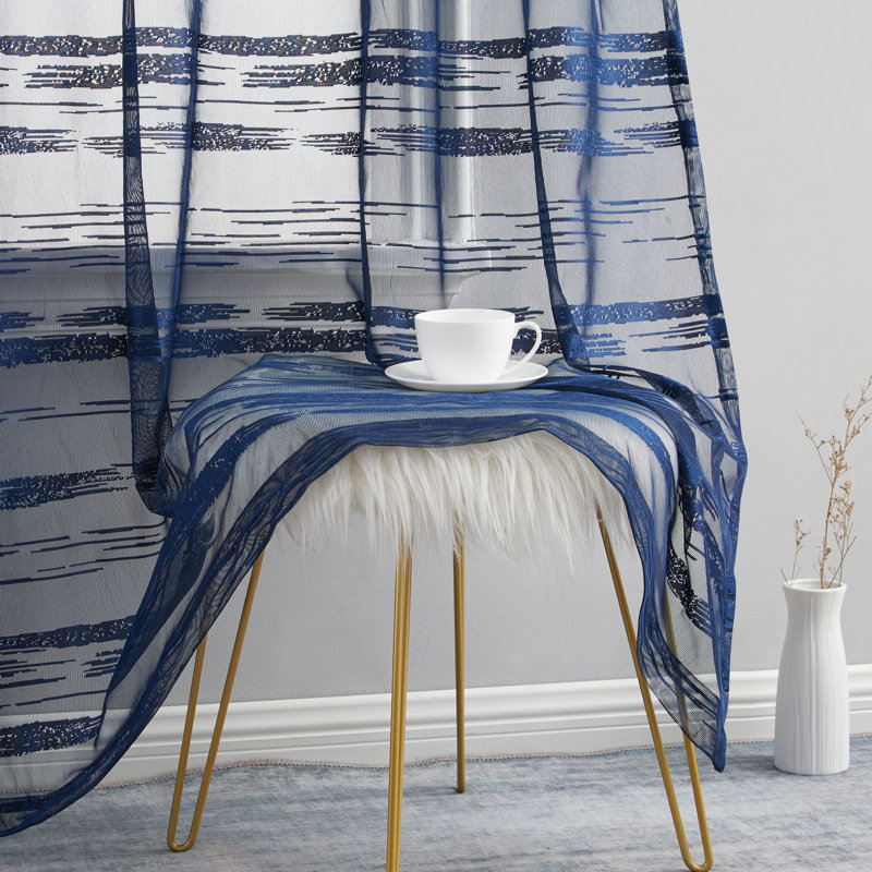 Broadway Striped Sheer Grommet Curtain Panel, Navy Blue, 54" W x 72" L