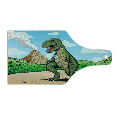 Ambesonne Dinosaur Tempered Glass Cutting Board T-Rex Active Volcano Pale Brown Pale Blue