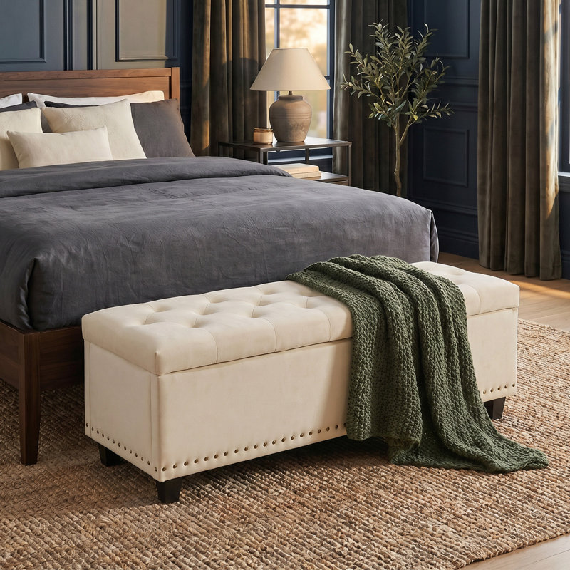 Repose-pieds capitonné avec rangement Espana, Velours beige