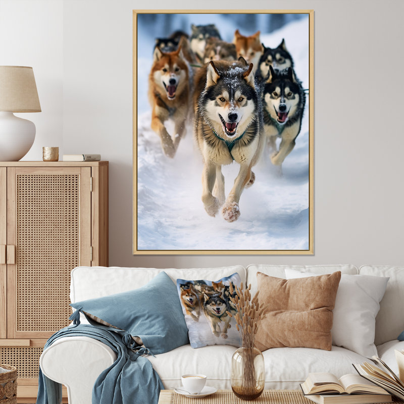 «Alaska Dog Sledding III», reproduction sur toile, H 40 po x l 30 po x P 1,5 po, Cadre naturel flottant