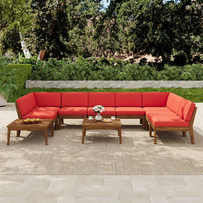 Ensemble modulaire d'extérieur en bois d'acacia rustique moderne 10 pièces avec table basse Solvara, Rouge